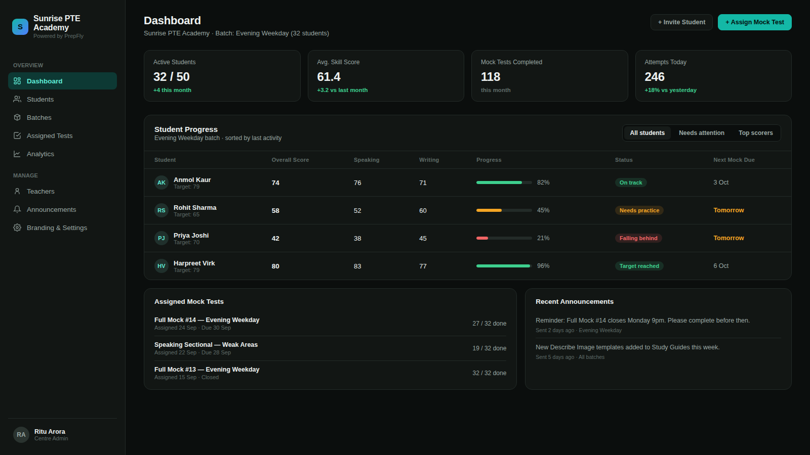 PrepFly Coaching Centre Dashboard showing batches, student progress and branding