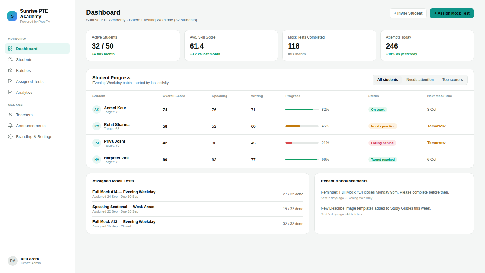 PrepFly Coaching Centre Dashboard showing batches, student progress and branding